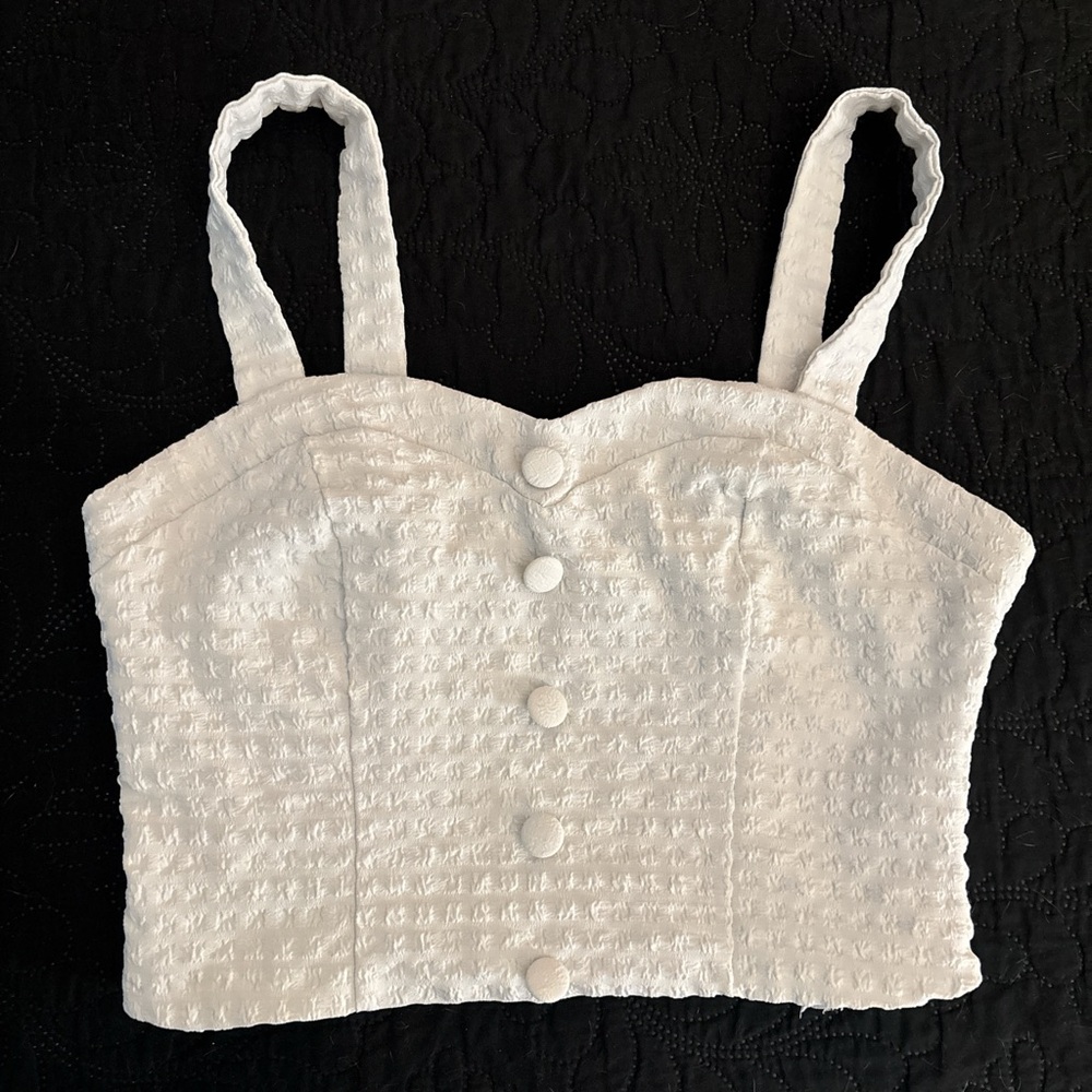 White Textured Button-Up Crop Top